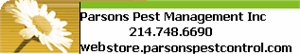 Parsons Pest 
Management logo with phone number and website